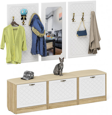 Прихожая П-6 Компоновка № 03, цвет дуб сонома/фасады МДФ белое дерево фрезеровка ромб, ШхГхВ 180х35х200 см., универсальная сборка