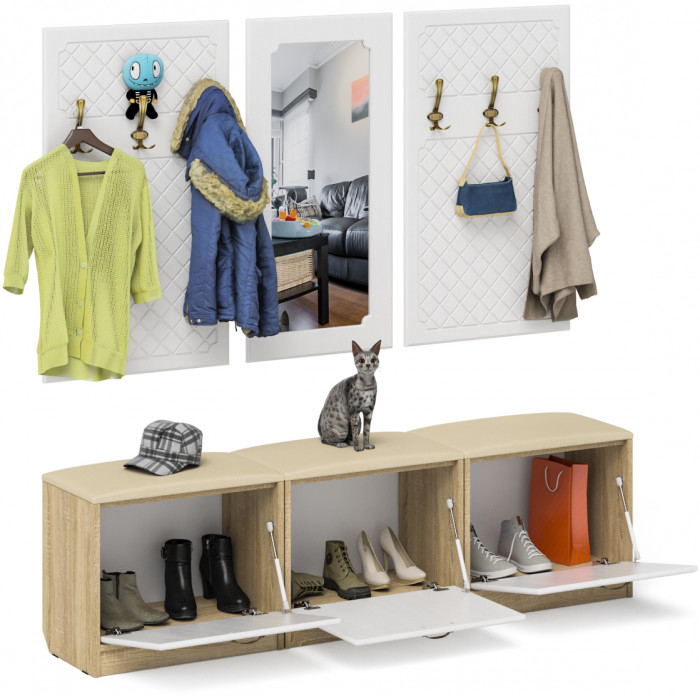 Прихожая П-6 Компоновка № 03, цвет дуб сонома/фасады МДФ белое дерево фрезеровка ромб, ШхГхВ 180х35х200 см., универсальная сборка