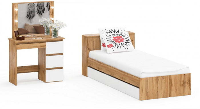 Ксения Кровать с ящиками 0900 + Стол косметический с подсветкой Сура, дуб вотан/белый