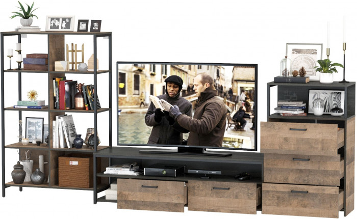 Трувор Гостиная 086, цвет дуб гранж песочный/интра, ШхГхВ 305,8х45,4х146 см., универсальная сборка