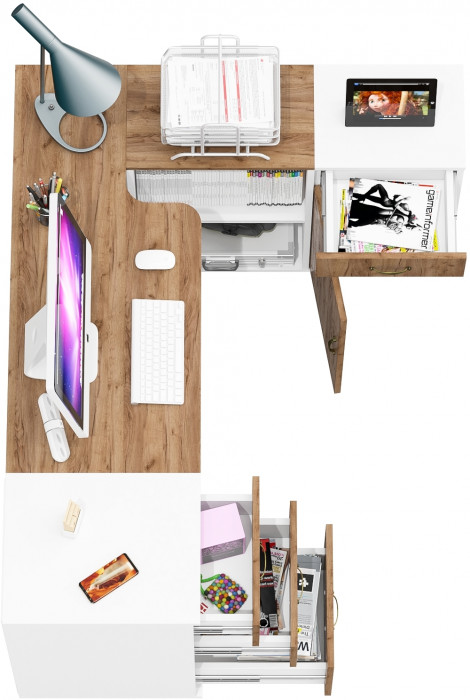 Лидер-8 Стол + Тумба МД 3.15 + Тумба МД 3.16, цвет белый шагрень/крафт золото, ШхГхВ 245х50/30х75 см. или 115х50/160х75 см., НЕ универсальная сборка