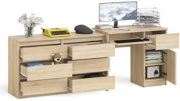 Мори Стол компьютерный МС-1 правый + Комод МК1200.6, цвет дуб сонома, ШхГхВ 210,4х50х76,6 см., выдвижной ящик справа, НЕ универсальная сборка