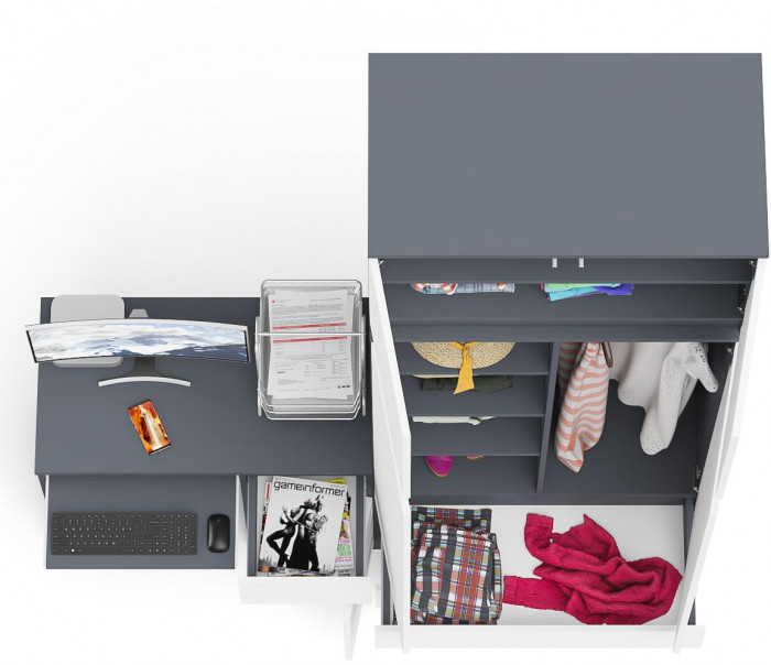 Мори компьютерный стол МС-1 правый + Шкаф МШ900.1 + Антресоль МА900.1, графит/белый