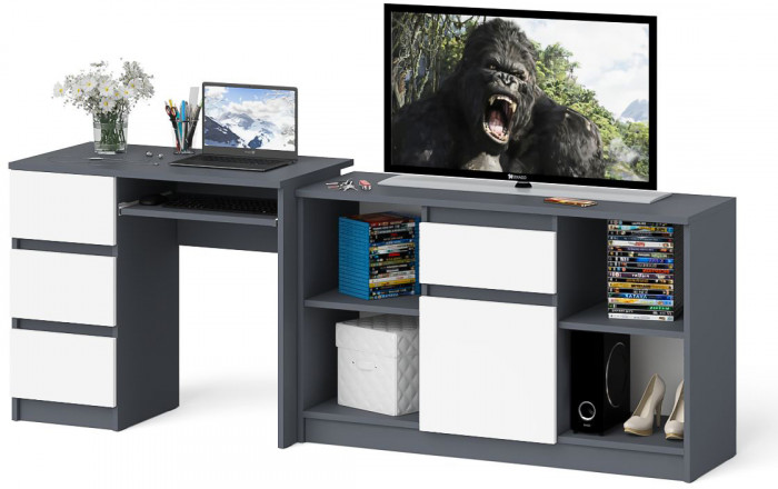 Мори компьютерный стол МС-6 левый + Тумба МТВ1204.1, графит/белый