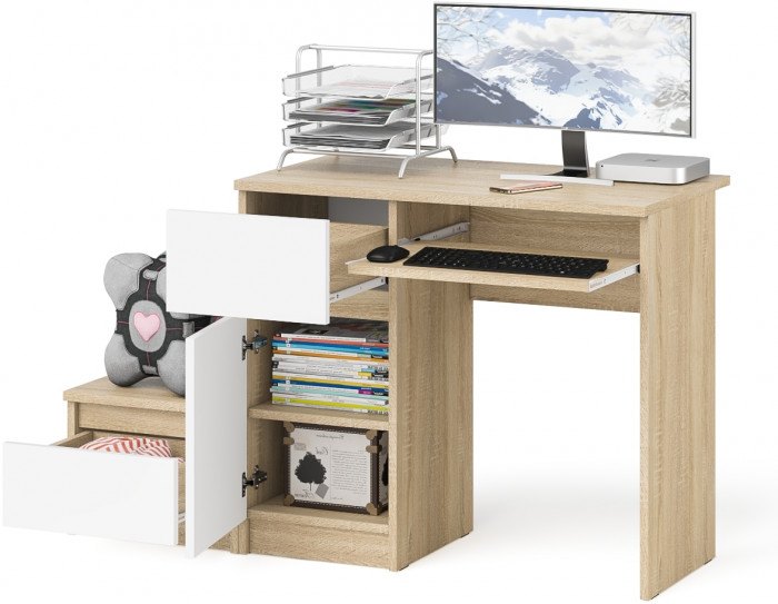 Мори Стол компьютерный МС-1 левый + Тумба ТМП400.1, цвет дуб сонома/белый, ШхГхВ 130,4х50х76,6 см., выдвижной ящик слева, НЕ универсальная сборка