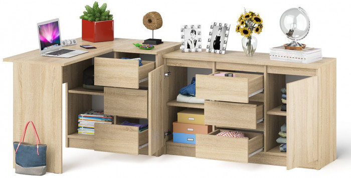 Мори Стол компьютерный МС-16 правый + Комод МК1200.3, цвет дуб сонома, ШхГхВ 244,8х84,9х76,6 см., выдвижные ящики справа, НЕ универсальная сборка