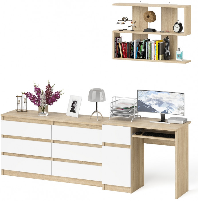 Мори Стол компьютерный МС-1 левый + Комод МК1380.6 + Полка 900, цвет дуб сонома/белый, ШхГхВ 228х50х209,6 см., НЕ универсальная сборка