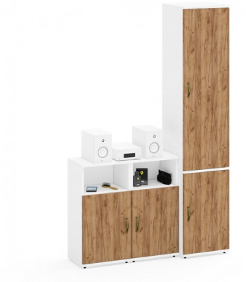 Лидер-8 Пенал МД 21Б + Тумба МД 3.19 + Тумба МД 3.19, цвет белый шагрень/крафт золото, ШхГхВ 120х37,5х190 см., универсальная сборка