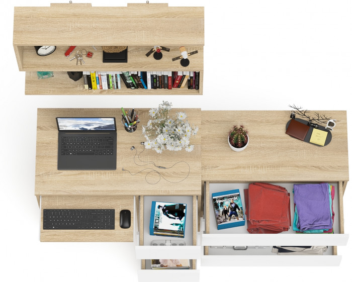 Мори Стол компьютерный МС-6 правый + Комод МК800.1 + Полка 900, цвет дуб сонома/белый, ШхГхВ 170,4х50х209,6 см., НЕ универсальная сборка