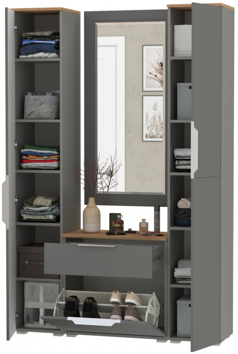 Октава Прихожая 43, цвет серый графит/дуб крафт золотой/фасады МДФ серый графит, ШхГхВ 129,3х35,4х197,6 см., универсальная сборка
