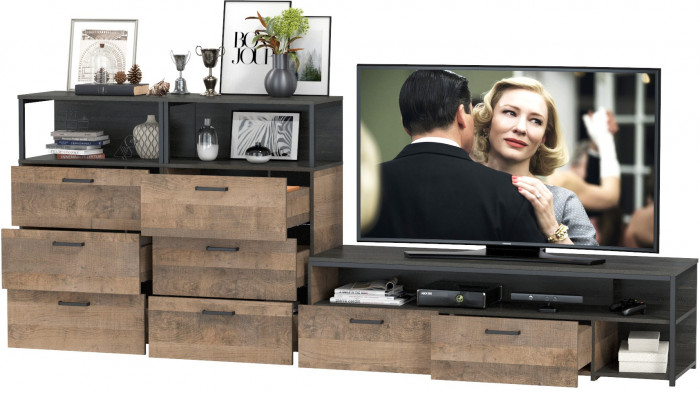 Трувор 13.70 Тумба под ТВ + 13.307.02 Комод + 13.307.02 Комод, дуб гранж песочный/интра