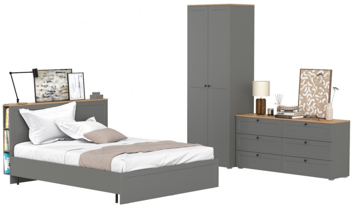 Остин 11.53 Кровать + ортопед + 13.336.02 Шкаф для одежды + 16.240 Комод, серый графит/дуб крафт золотой
