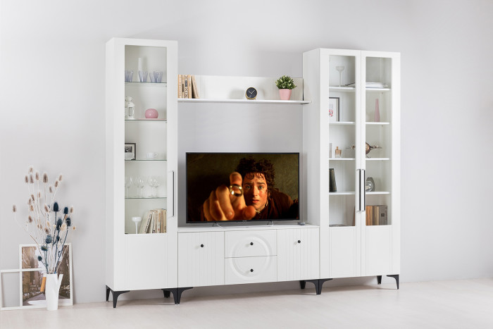 Валенсия Гостиная № 060, цвет ЛДСП белый шагрень/МДФ белый шагрень, ШхГхВ 272,2х38,3х225,2 см., ниша для ТВ 133х38х117 см., универсальная сборка