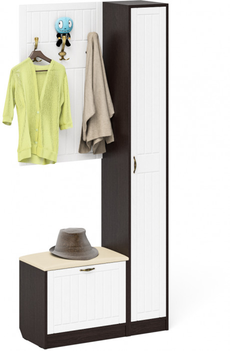 Прихожая П-6 Компоновка № 21, цвет венге/фасады МДФ белое дерево фрезеровка прованс, ШхГхВ 90х35х210 см., универсальная сборка