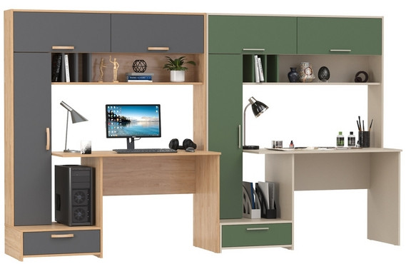 Два Стола письменных Лайт 03.243Н, цвет гикори рокфорд натуральный/тёмно-серый/сатин/дымчатый зелёный, ШхГхВ 300,4х57,3х179,9 см., НЕ универс. сборка