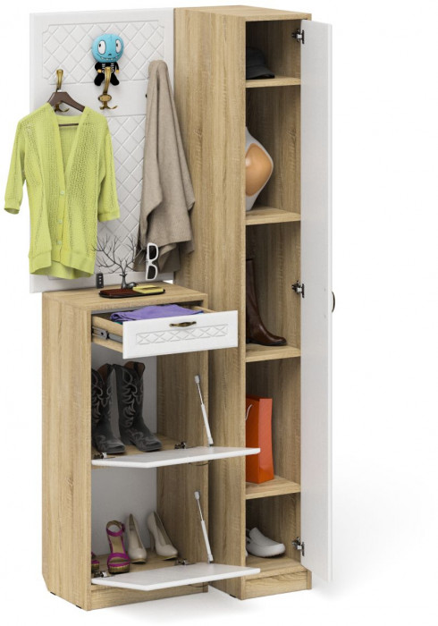 Прихожая П-6 Компоновка № 44, дуб сонома/фасады МДФ белое дерево фрезеровка ромб