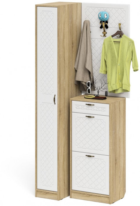 Прихожая П-6 Компоновка № 44, дуб сонома/фасады МДФ белое дерево фрезеровка ромб