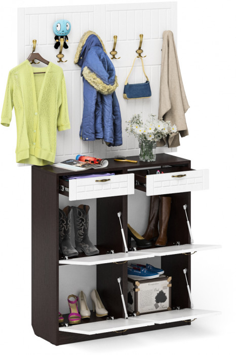 Прихожая П-6 Компоновка № 04, цвет венге/фасады МДФ белое дерево фрезеровка прованс, ШхГхВ 120х35х200 см.