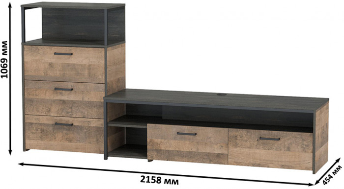 Трувор 13.70 Тумба под ТВ + 13.307.02 Комод с ящиками, дуб гранж песочный/интра