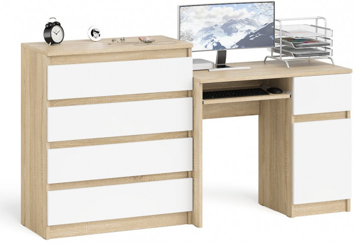 Мори компьютерный стол МС-1 правый + Комод МК800.4, дуб сонома/белый