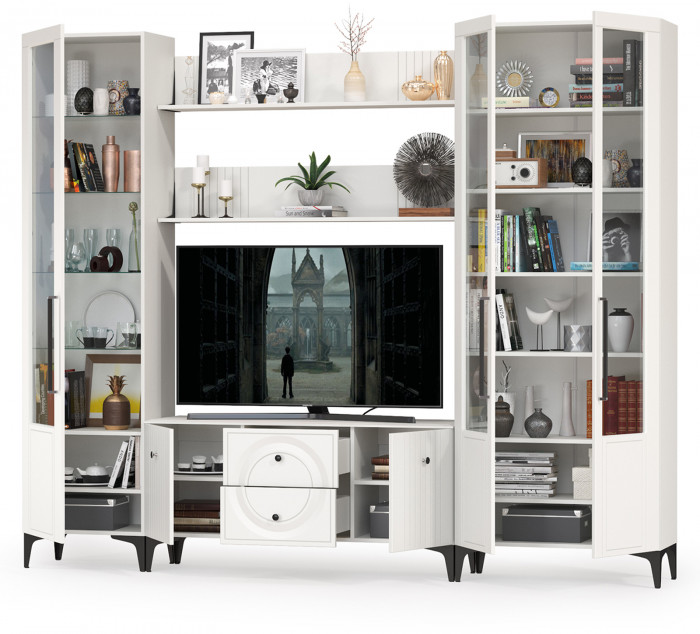 Валенсия Гостиная № 061, цвет ЛДСП белый шагрень/МДФ белый шагрень, ШхГхВ 272,2х38,3х225,2 см., ниша для ТВ 133х38х117 см., универсальная сборка