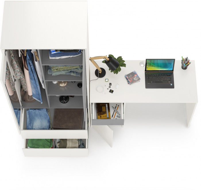 Торонто 12.149 Стол + 13.333 Шкаф для одежды, цвет белый шагрень/стальной серый, ШхГхВ 200х53,1х195,7 см., универсальная сборка