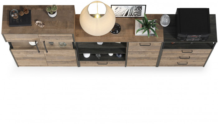 Трувор 13.307.01 Комод + 13.306 Комод с витриной + 13.307.02 Комод с ящиками, цвет дуб гранж песочный/интра, ШхГхВ 260,8х37х135,3 см., ун. сборка