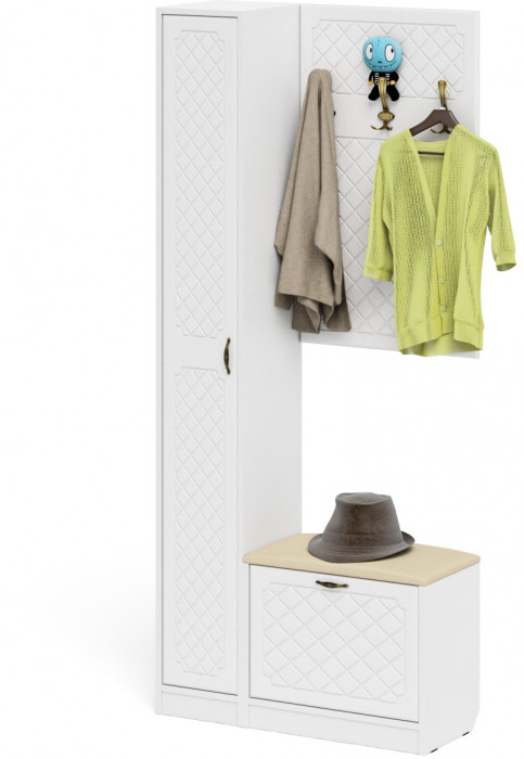 Прихожая П-6 Компоновка № 21, цвет белая шагрень/фасады МДФ белое дерево фрезеровка ромб, ШхГхВ 90х35х210 см., универсальная сборка