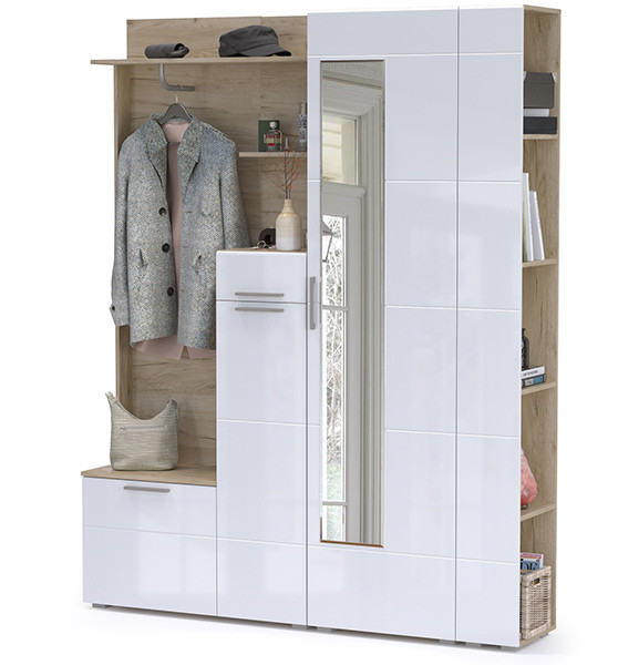 Лайн Прихожая № 08, дуб крафт серый/фасады МДФ белый глянец