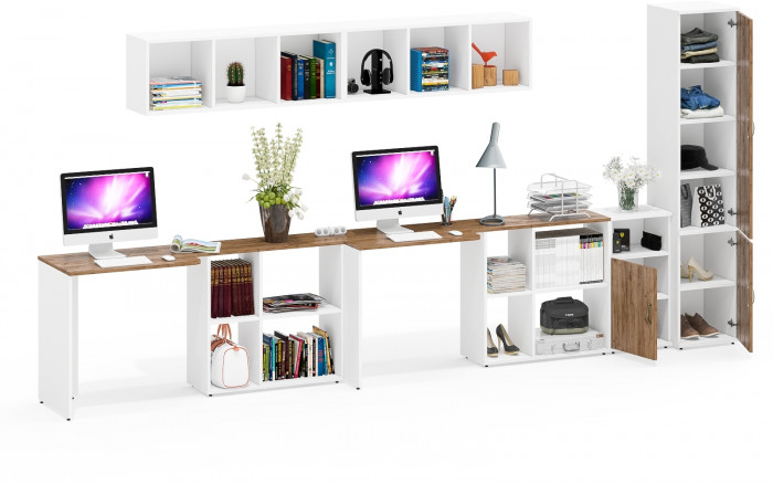 Лидер-8 Стол + Полка + Стол + Полка + Пенал МД 22Б + Тумба МД 3.19, белый шагрень/крафт золото