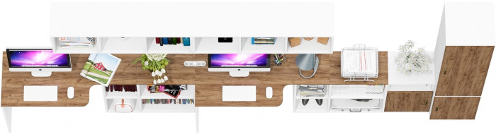 Лидер-8 Стол + Полка + Стол + Полка + Пенал МД 22Б + Тумба МД 3.19, белый шагрень/крафт золото