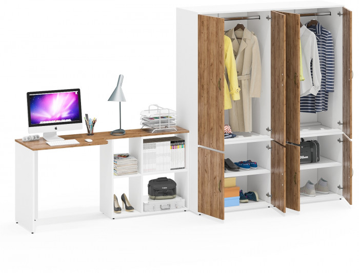 Лидер-8 Стол + Шкаф МД 19Б + Шкаф МД 19Б, белый шагрень/крафт золото