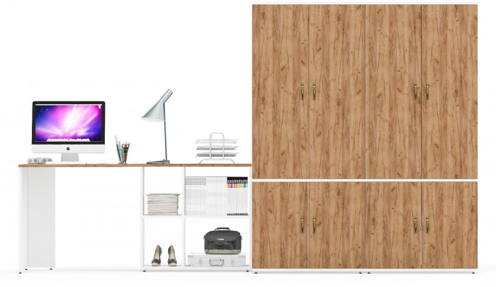 Лидер-8 Стол + Шкаф МД 19Б + Шкаф МД 19Б, белый шагрень/крафт золото