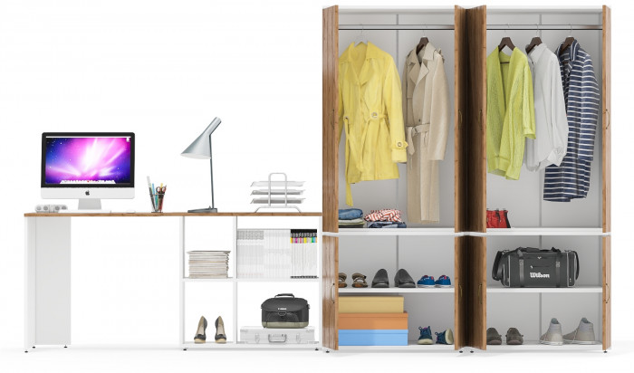 Лидер-8 Стол + Шкаф МД 19Б + Шкаф МД 19Б, белый шагрень/крафт золото