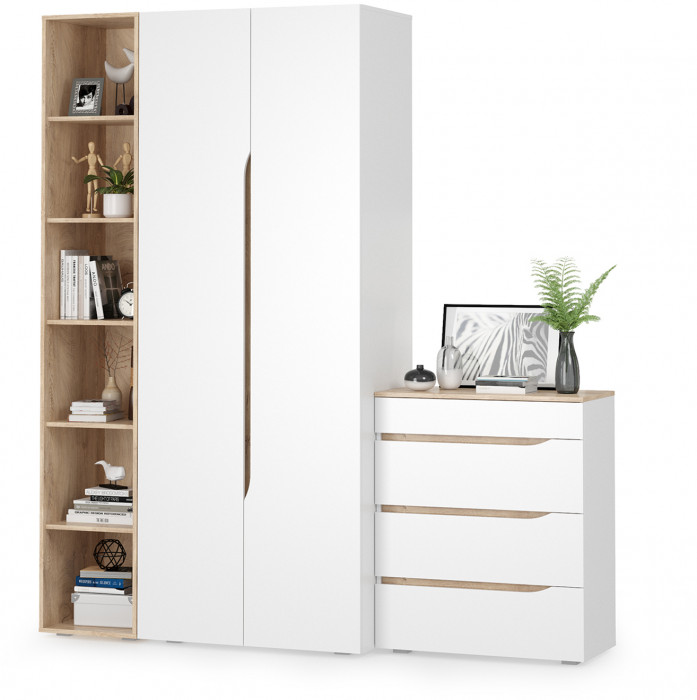 Муссон 13.198 Шкаф двухстворчатый + 13.349 Стеллаж + 13.97 Комод, белый/дуб эндгрейн элегантный