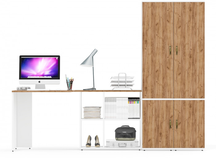 Лидер-8 Стол + Пенал МД 22Б + Пенал МД 22Б, цвет белый шагрень/крафт золото, ШхГхВ 245х50/37,5х75/190 или 115х160/50х75/190 см., НЕ ун. сборка