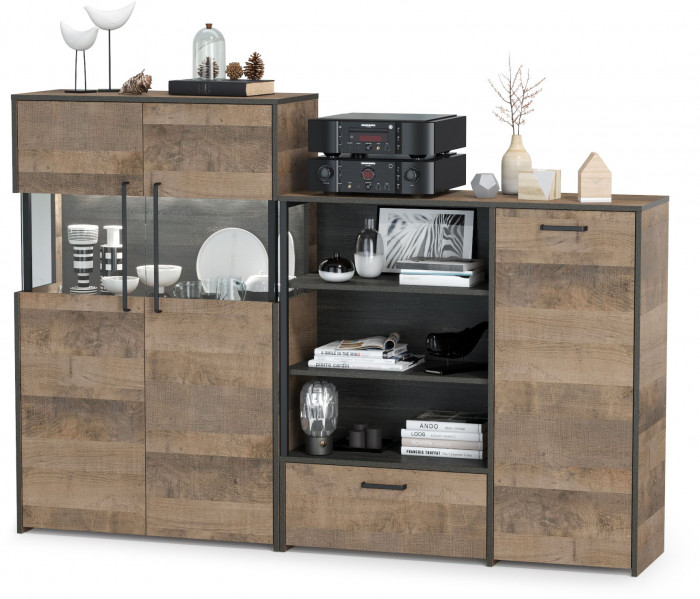 Трувор 13.307.01 Комод + 13.306 Комод с витриной, цвет дуб гранж песочный/интра, ШхГхВ 194,8х37х135,3 см., универсальная сборка