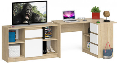Мори компьютерный стол МС-16 правый + Тумба МТВ1204.1, дуб сонома/белый