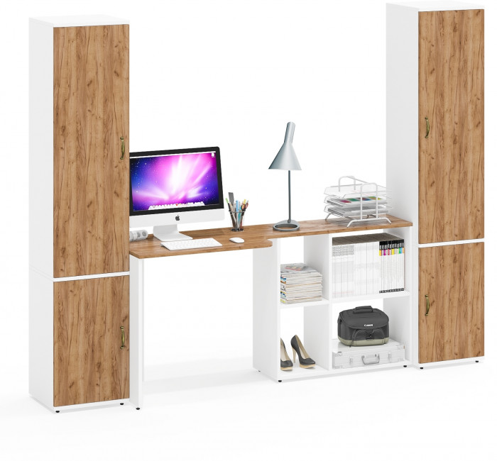 Лидер-8 Пенал МД 22Б + Стол + Пенал 21Б, цвет белый шагрень/крафт золото, ШхГхВ 245х50/37,5х75/190 или 155х120/50х75/190 см., НЕ универсальная сборка