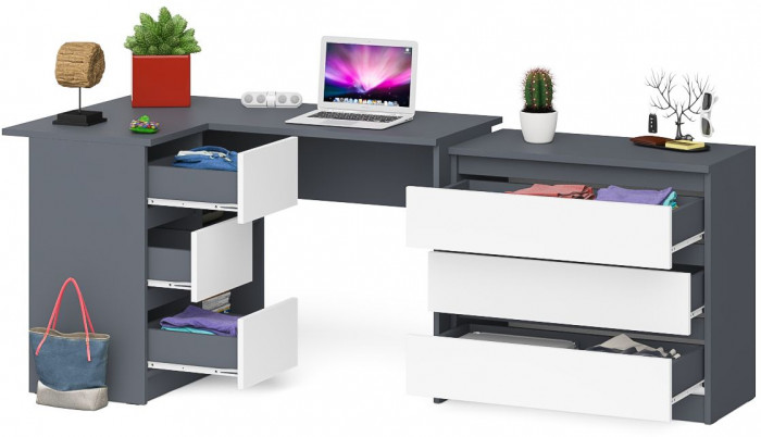 Мори Стол компьютерный МС-16 левый + Комод МК800.1, цвет графит/белый, ШхГхВ 204,8х84,9х76,6 см., выдвижные ящики слева, НЕ универсальная сборка