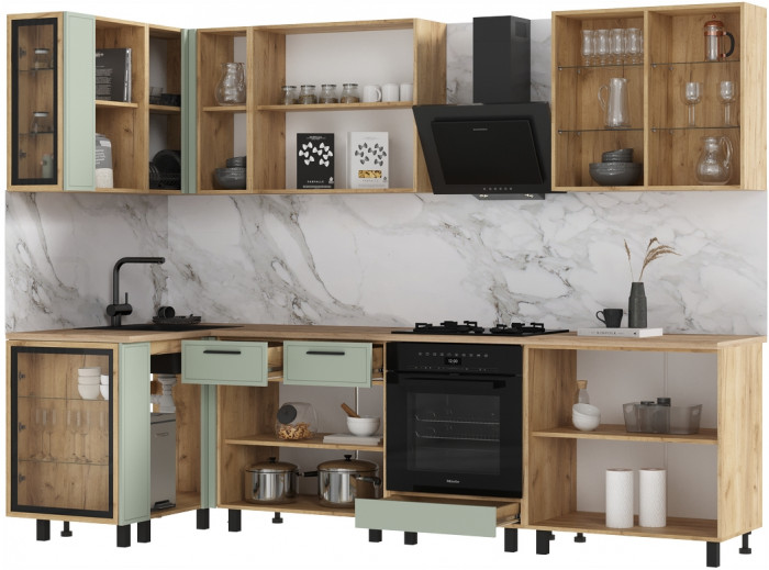 Кухня Бьянка 1,2х2,8м, Крафт золотой/Олива софт