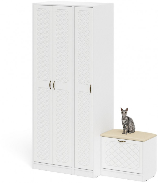 Прихожая П-6 Компоновка № 45, белая шагрень/фасады МДФ белое дерево фрезеровка ромб