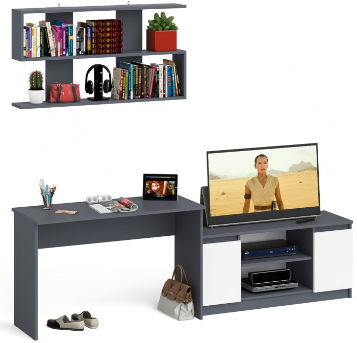 Мори Стол письменный МСП1200.1 + Тумба МТВ1200.1 + Полка 1200, цвет графит/белый, ШхГхВ 240,8х50х209,6 см., универсальная сборка