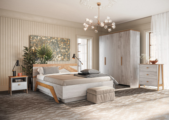 Кровать двуспальная 160х200 "Скандинавия" с подъемным основанием - Бетон пайн светлый/Дуб наварра