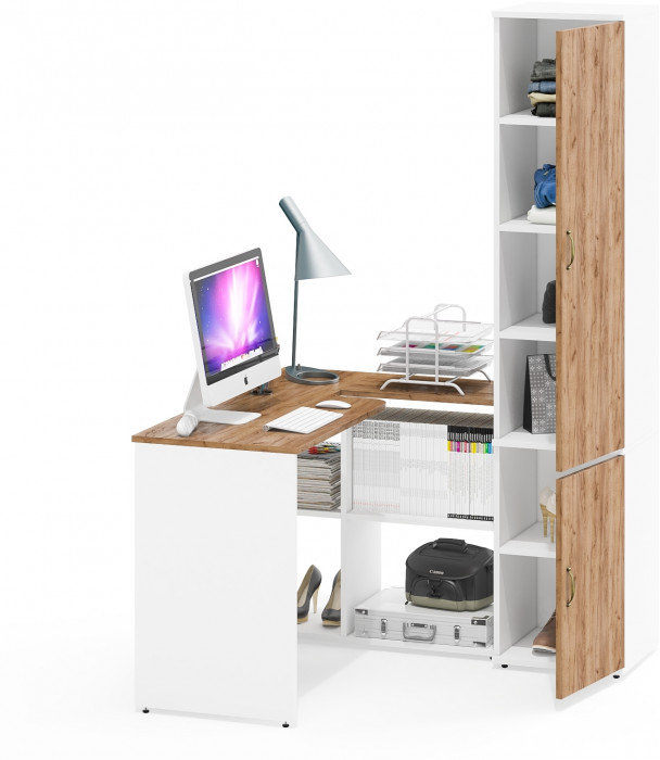 Лидер-8 Стол + Пенал МД 22Б, цвет белый шагрень/крафт золото, ШхГхВ 205х50/37,5х75/190 или 115х50/120х75/190 см., НЕ универсальная сборка