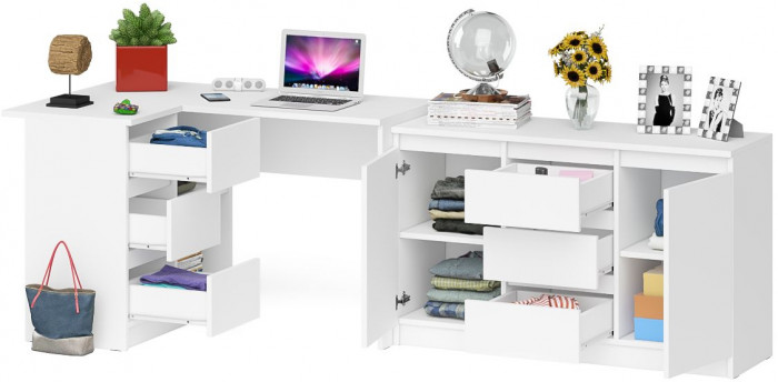 Мори Стол компьютерный МС-16 левый + Комод МК1200.3, цвет белый, ШхГхВ 244,8х84,9х76,6 см., выдвижные ящики слева, НЕ универсальная сборка
