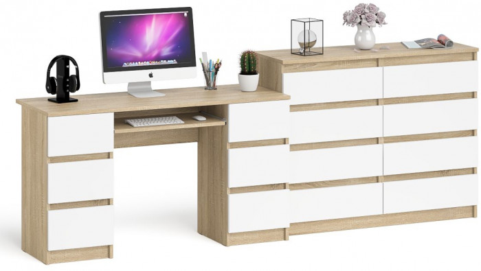 Мори Стол компьютерный МС-2 + Комод МК1200.8, цвет дуб сонома/белый, ШхГхВ 255,8х50х94 см., универсальная сборка