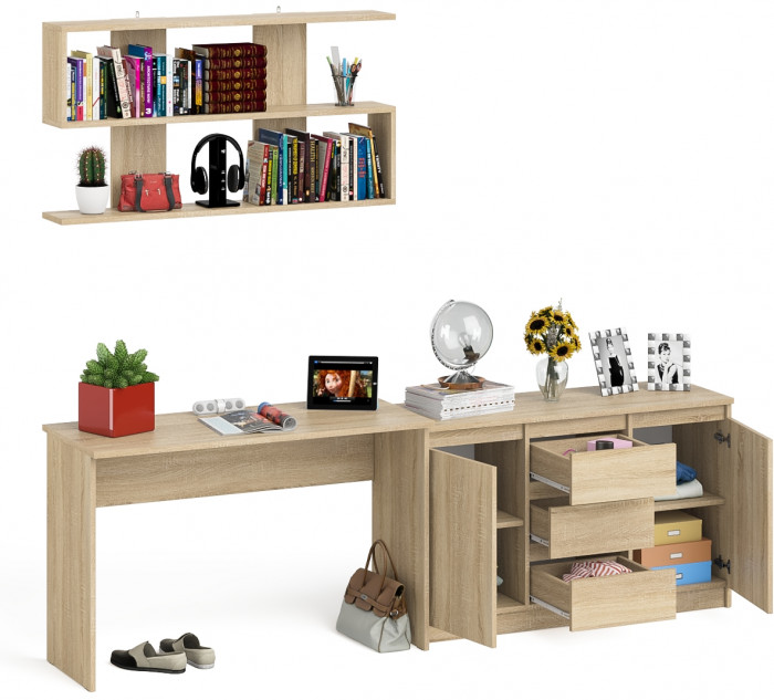 Мори Стол письменный МСП1200.1 + Комод МК1200.3 + Полка 1200, цвет дуб сонома, ШхГхВ 240,8х50х209,6 см., универсальная сборка