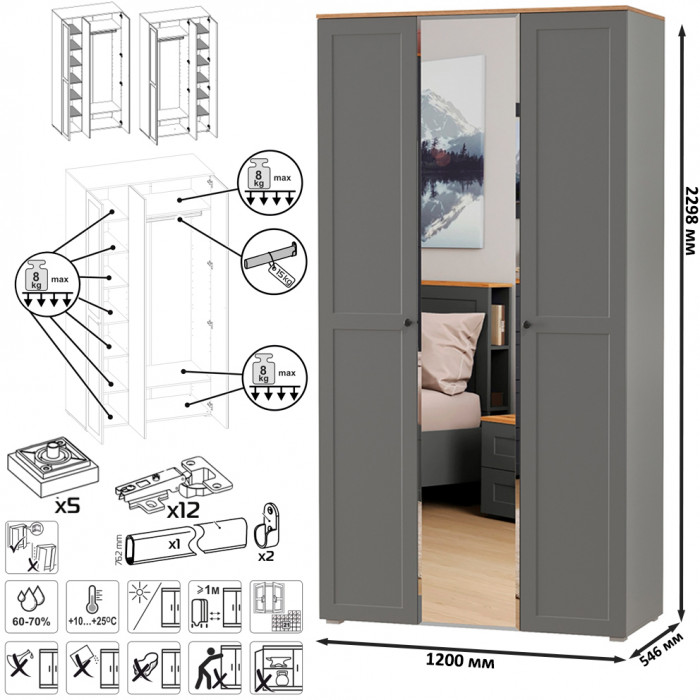 Остин 13.336.03 Шкаф для одежды(три двери, серый графит/дуб крафт золотой