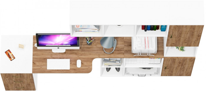 Лидер-8 Стол + Полка + Тумба МД 3.16 + Пенал, цвет белый шагрень/крафт золото, ШхГхВ 245х50/30х75/190 или 120х155/30х75/190 см., НЕ универс. сб.